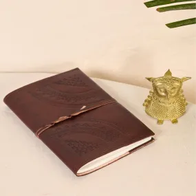 Hancrafted Leather Journal - With Embossed Design and Dhokra Metal Handmade Owl Showpiece | Rakshabandhan Gift | Handmade In India