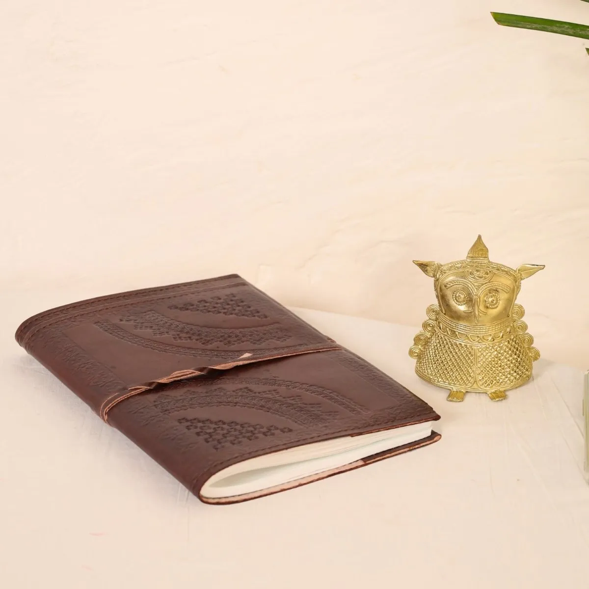 Hancrafted Leather Journal - With Embossed Design and Dhokra Metal Handmade Owl Showpiece | Rakshabandhan Gift | Handmade In India