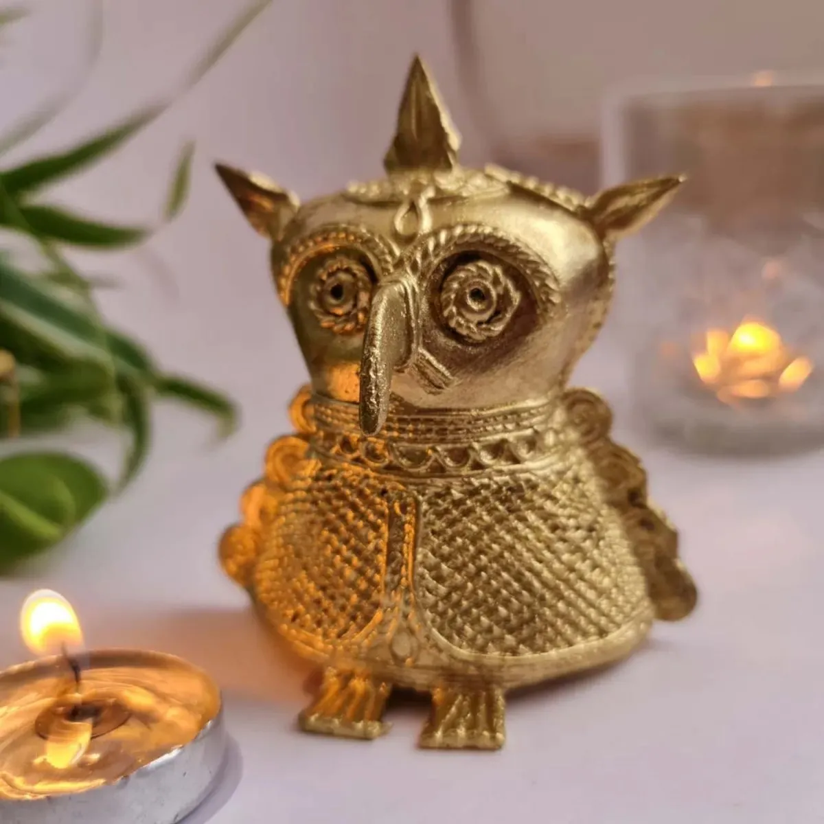 Hancrafted Leather Journal - With Embossed Design and Dhokra Metal Handmade Owl Showpiece | Rakshabandhan Gift | Handmade In India