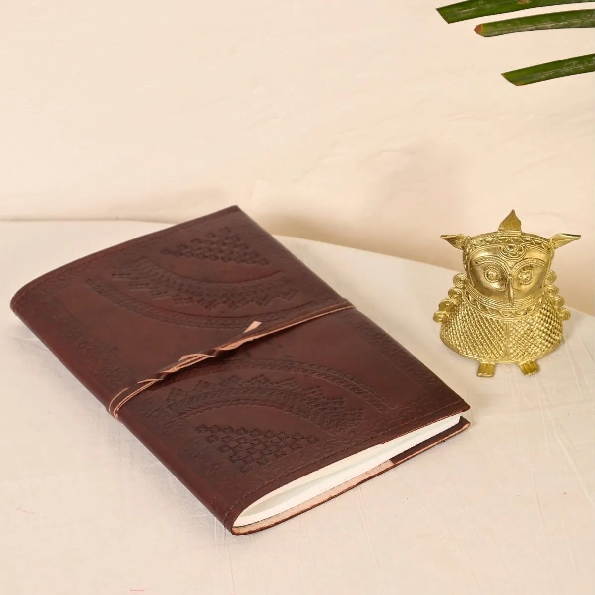 Hancrafted Leather Journal - With Embossed Design and Dhokra Metal Handmade Owl Showpiece | Rakshabandhan Gift | Handmade In India