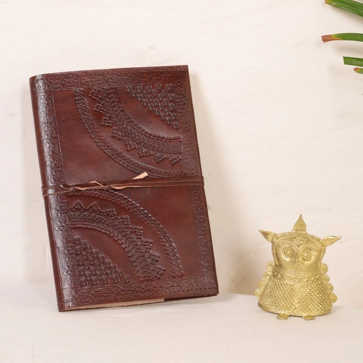Hancrafted Leather Journal - With Embossed Design and Dhokra Metal Handmade Owl Showpiece | Rakshabandhan Gift | Handmade In India