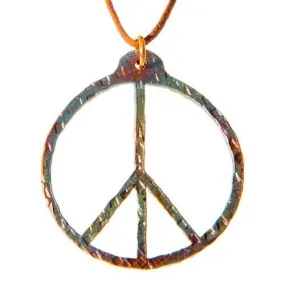 Hand Hammered Peace Symbol Iridescent Pendant Necklace on Adjustable Natural Fiber Cord