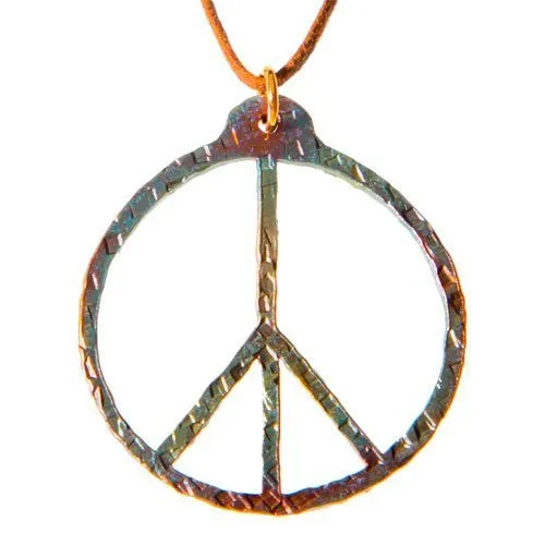 Hand Hammered Peace Symbol Iridescent Pendant Necklace on Adjustable Natural Fiber Cord