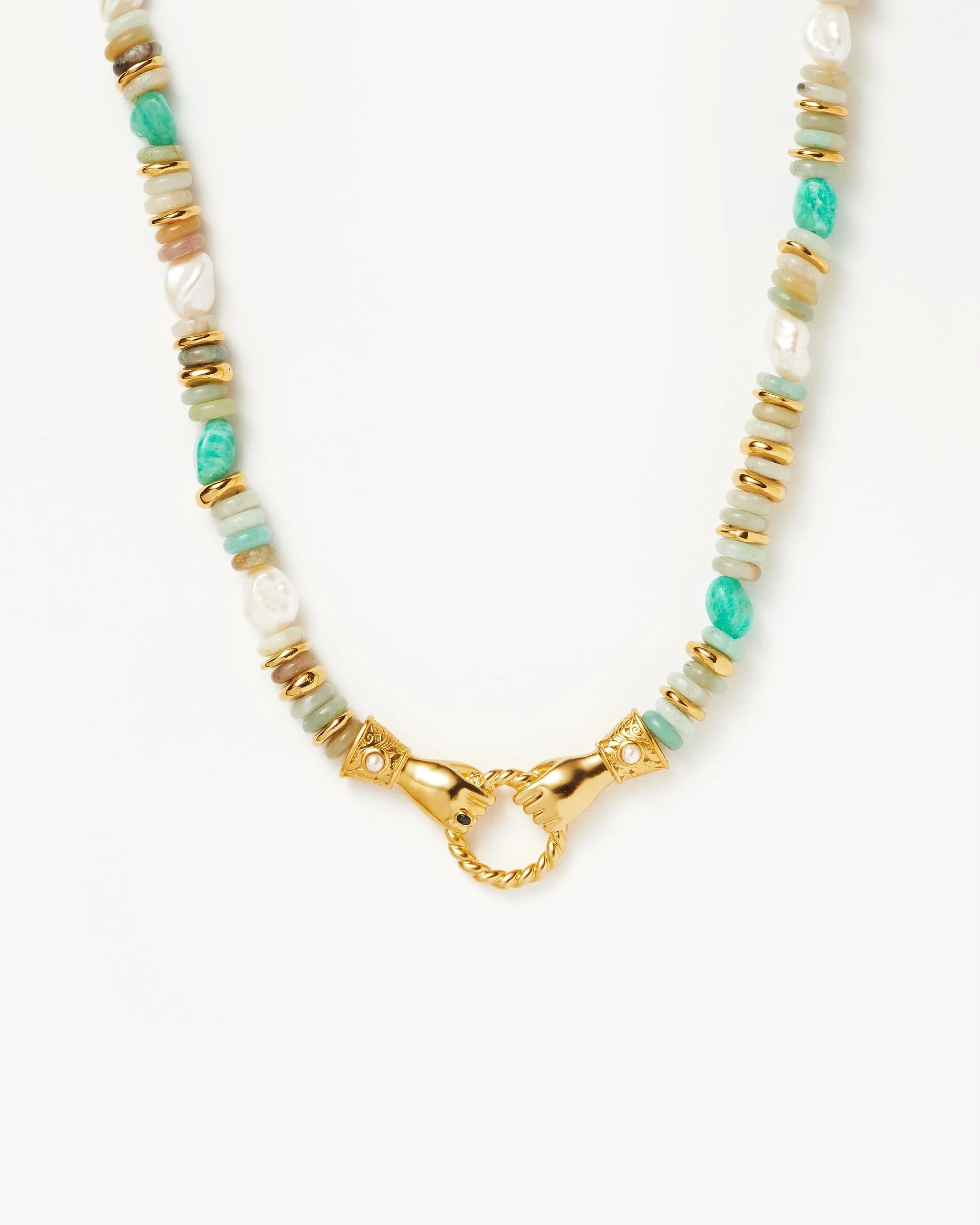 Harris Reed In Good Hands Chunky Beaded Gemstone Necklace | 18ct Gold Plated/Multi Amazonite & Pearl