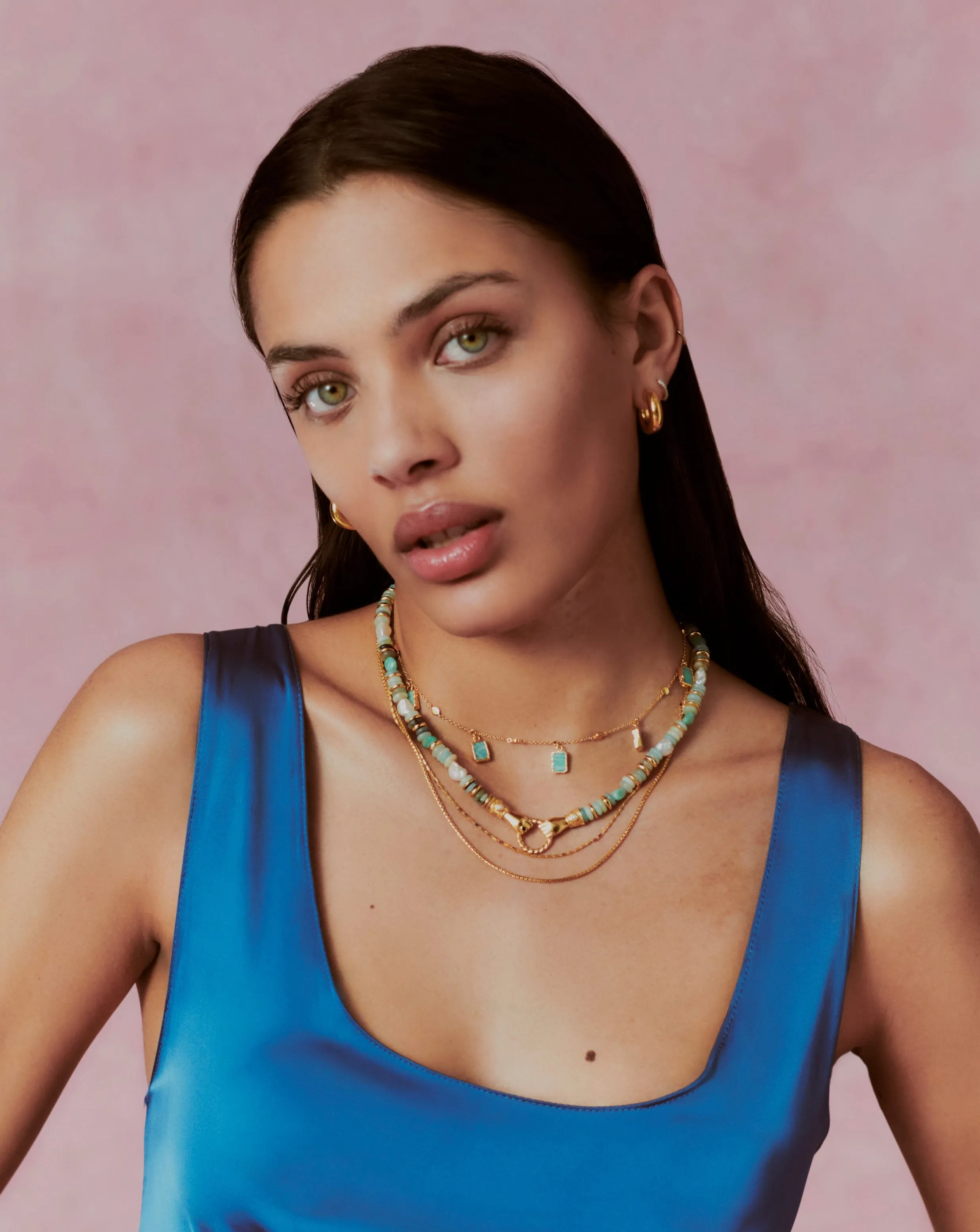 Harris Reed In Good Hands Chunky Beaded Gemstone Necklace | 18ct Gold Plated/Multi Amazonite & Pearl