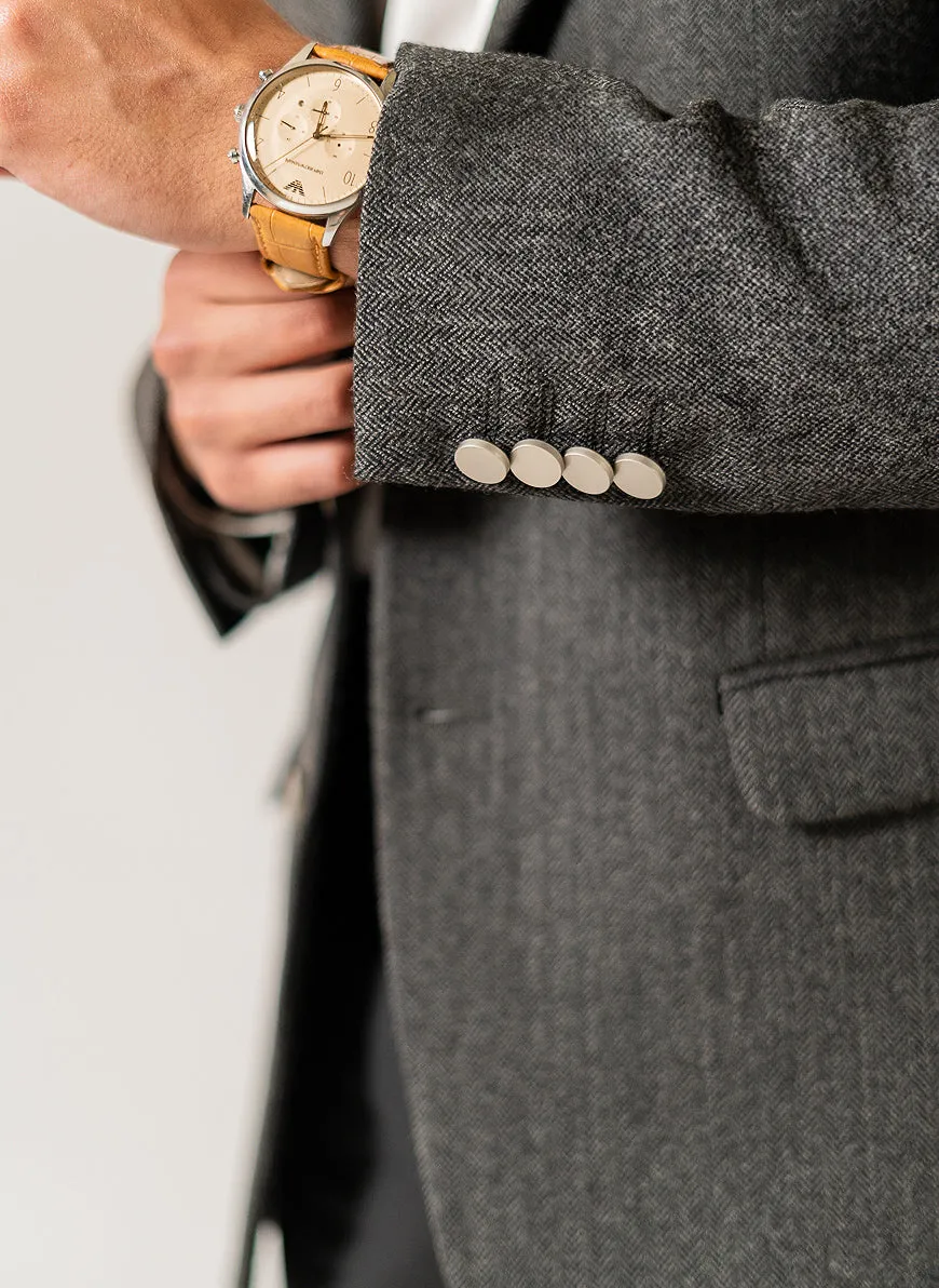 Herringbone Textured Grey Worsted Tweed, Wool Rich, Classic Blazer