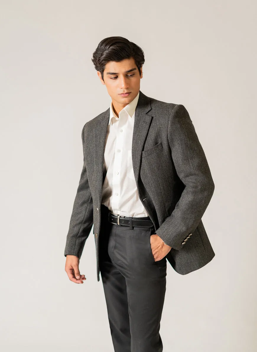 Herringbone Textured Grey Worsted Tweed, Wool Rich, Classic Blazer