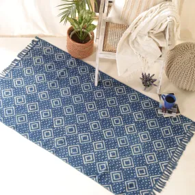 Indigo Cotton Block Printed Rug In 3 x 5 ft | Geometric Print | Handcrafted In India