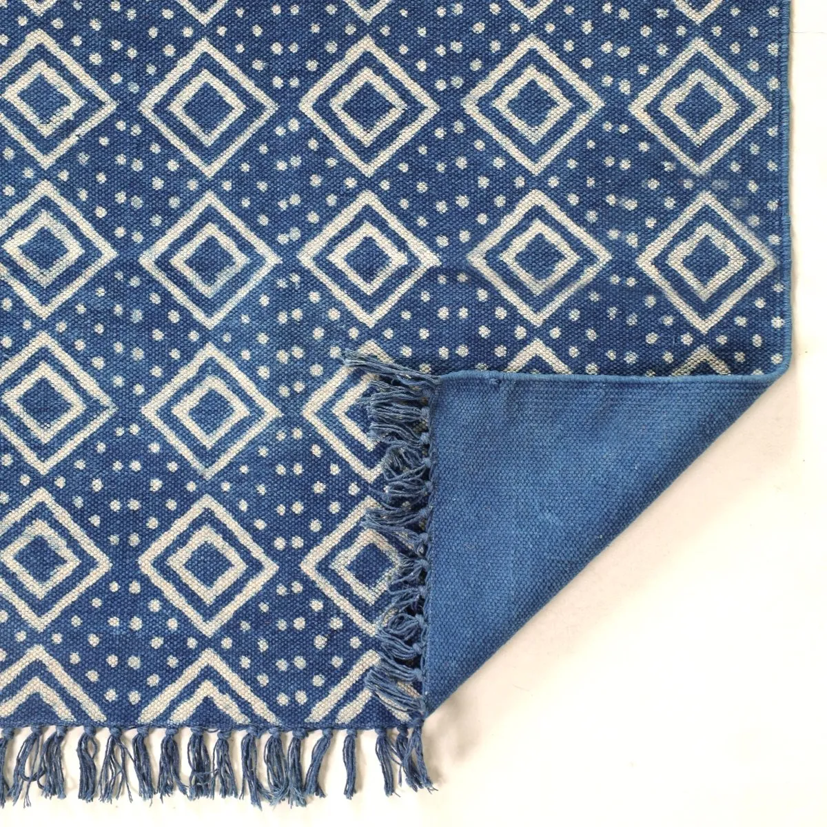 Indigo Cotton Block Printed Rug In 3 x 5 ft | Geometric Print | Handcrafted In India