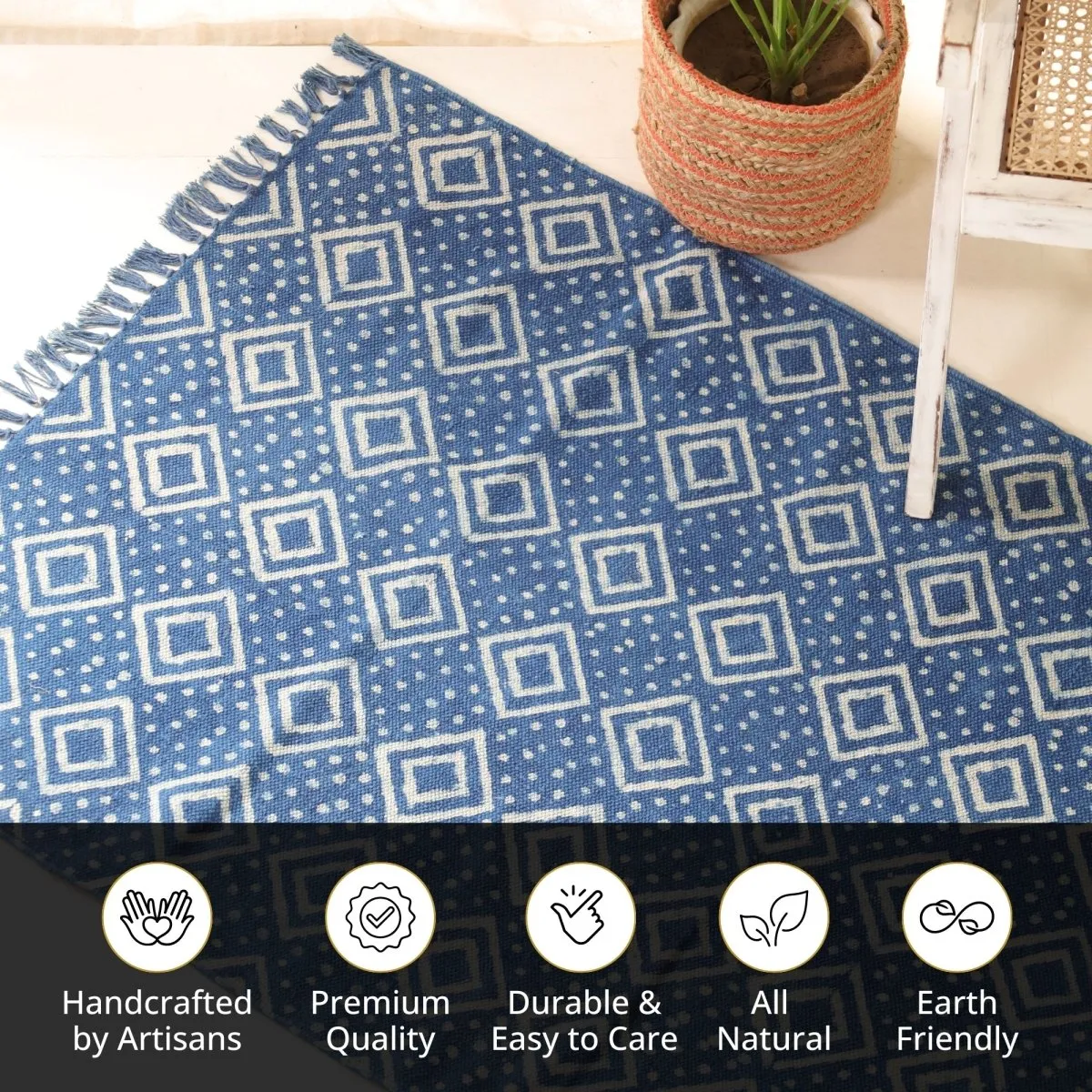 Indigo Cotton Block Printed Rug In 3 x 5 ft | Geometric Print | Handcrafted In India