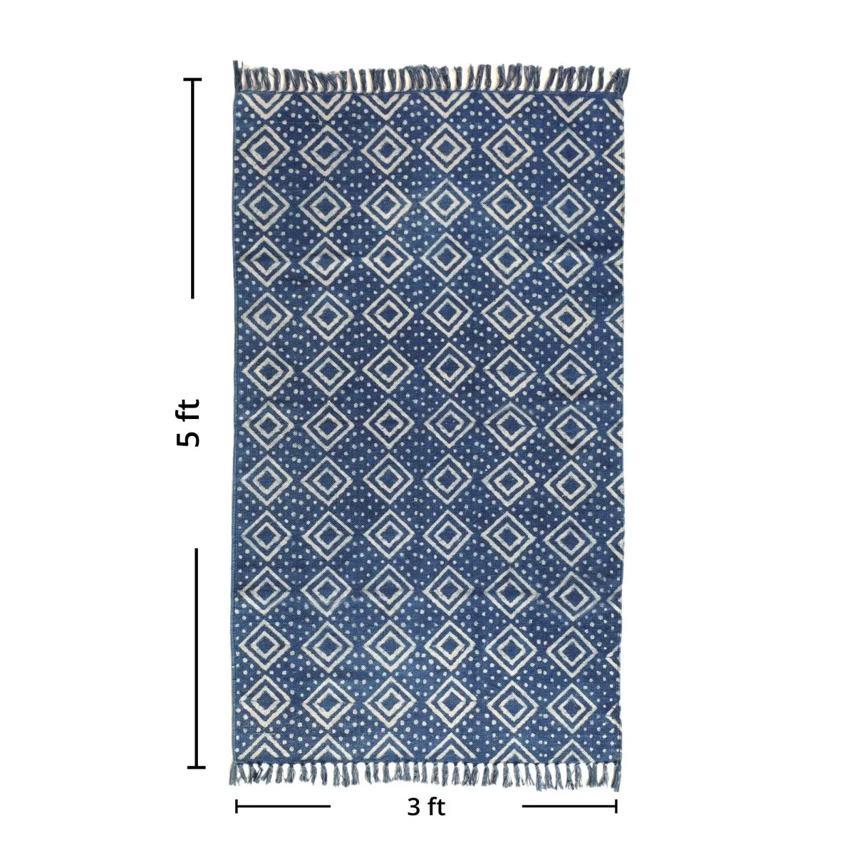 Indigo Cotton Block Printed Rug In 3 x 5 ft | Geometric Print | Handcrafted In India