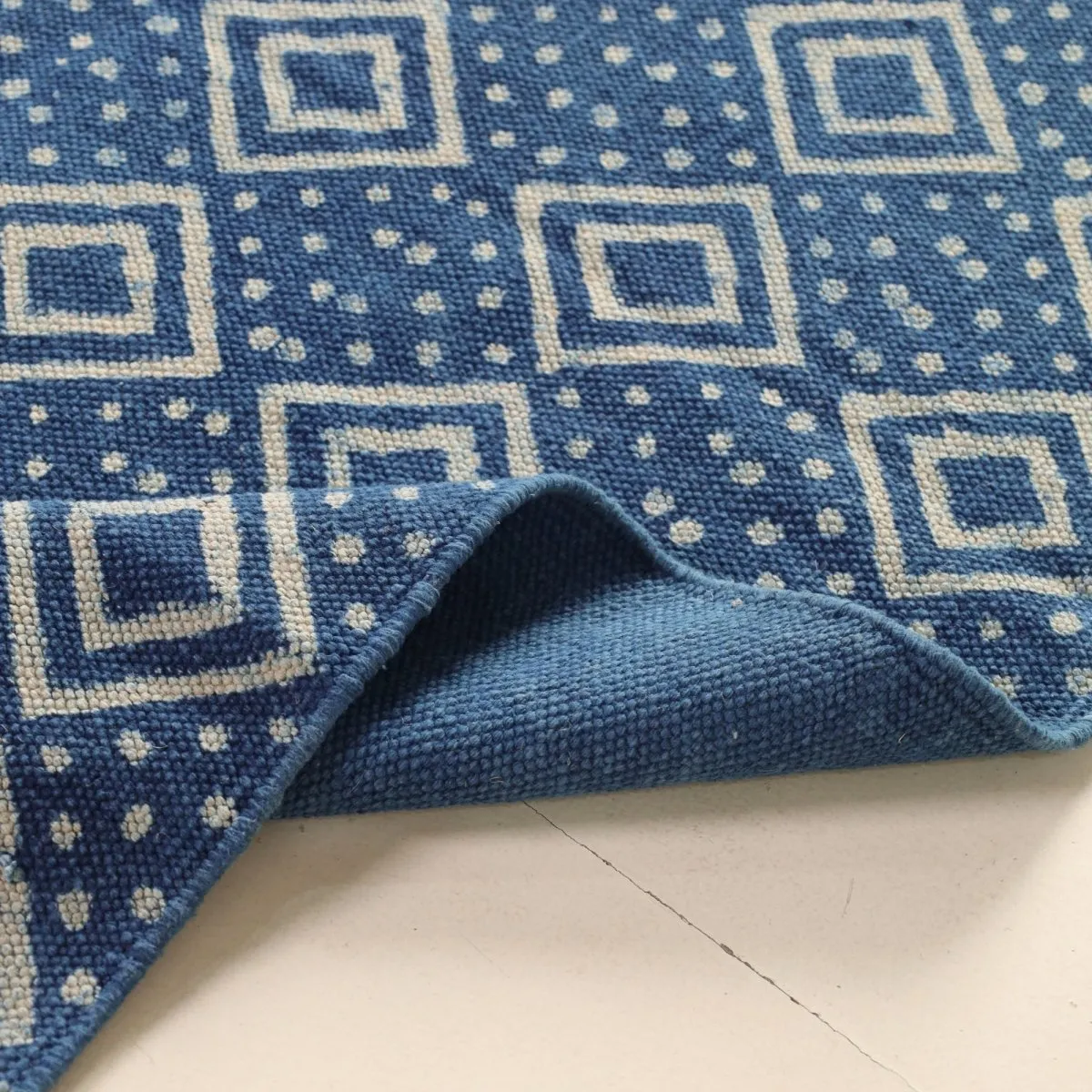 Indigo Cotton Block Printed Rug In 3 x 5 ft | Geometric Print | Handcrafted In India