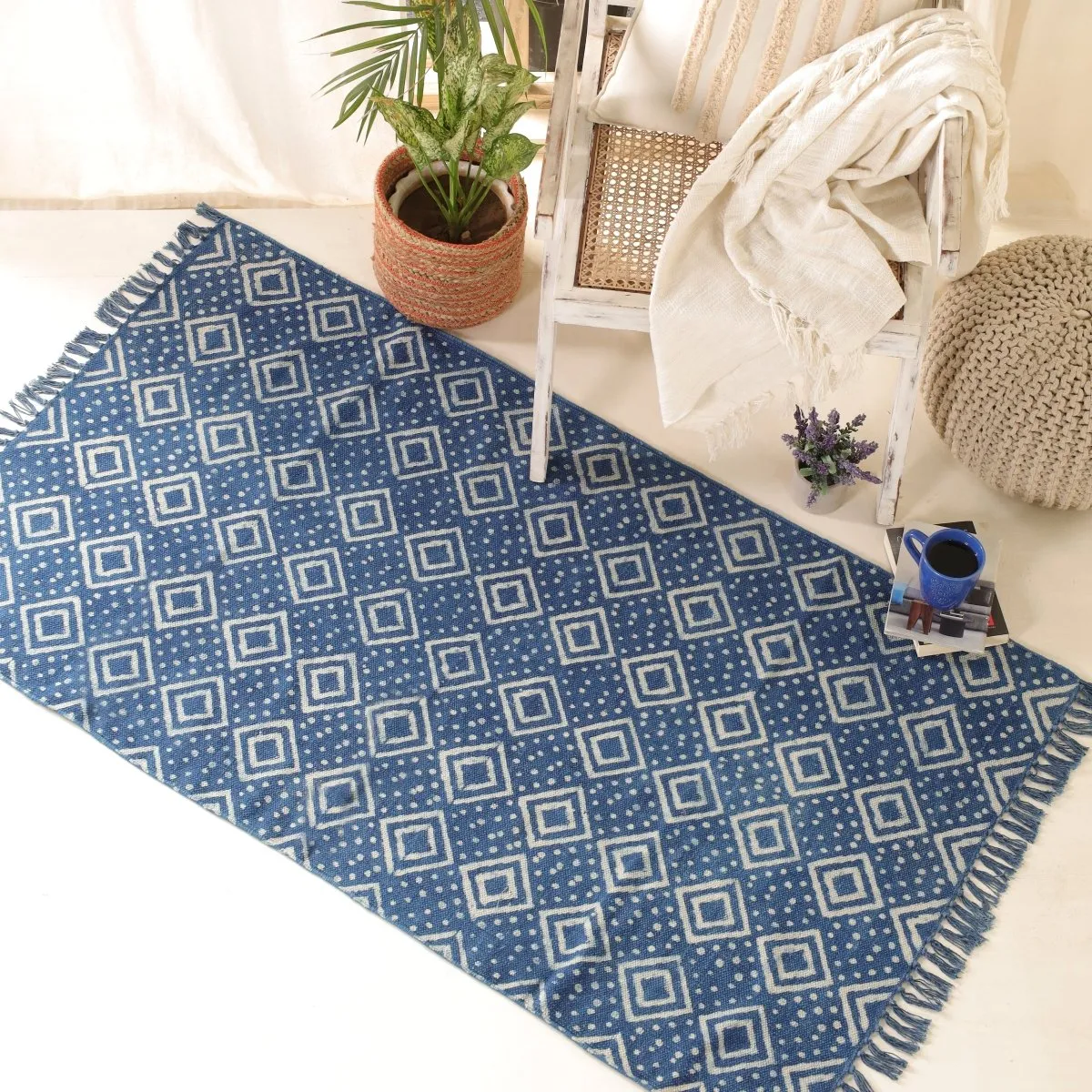 Indigo Cotton Block Printed Rug In 3 x 5 ft | Geometric Print | Handcrafted In India