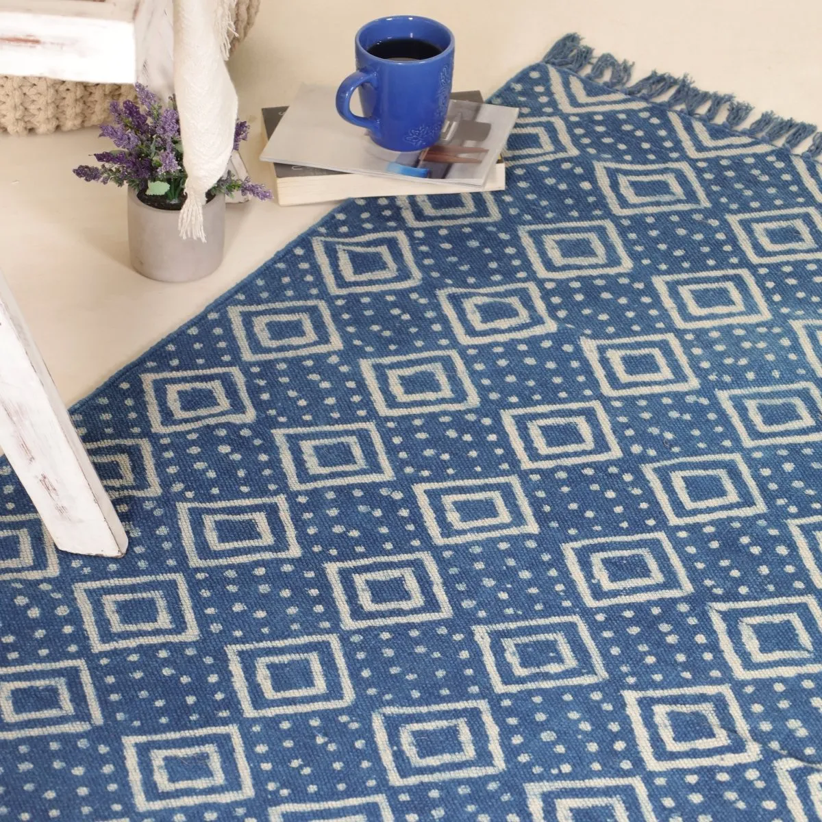 Indigo Cotton Block Printed Rug In 3 x 5 ft | Geometric Print | Handcrafted In India