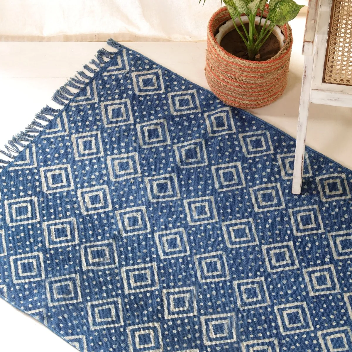 Indigo Cotton Block Printed Rug In 3 x 5 ft | Geometric Print | Handcrafted In India