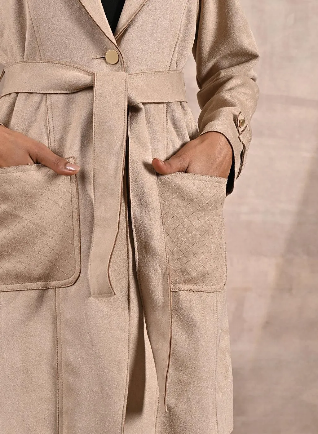 Ivory Stylish Suede Coat with Front Pocket & Notched Collar