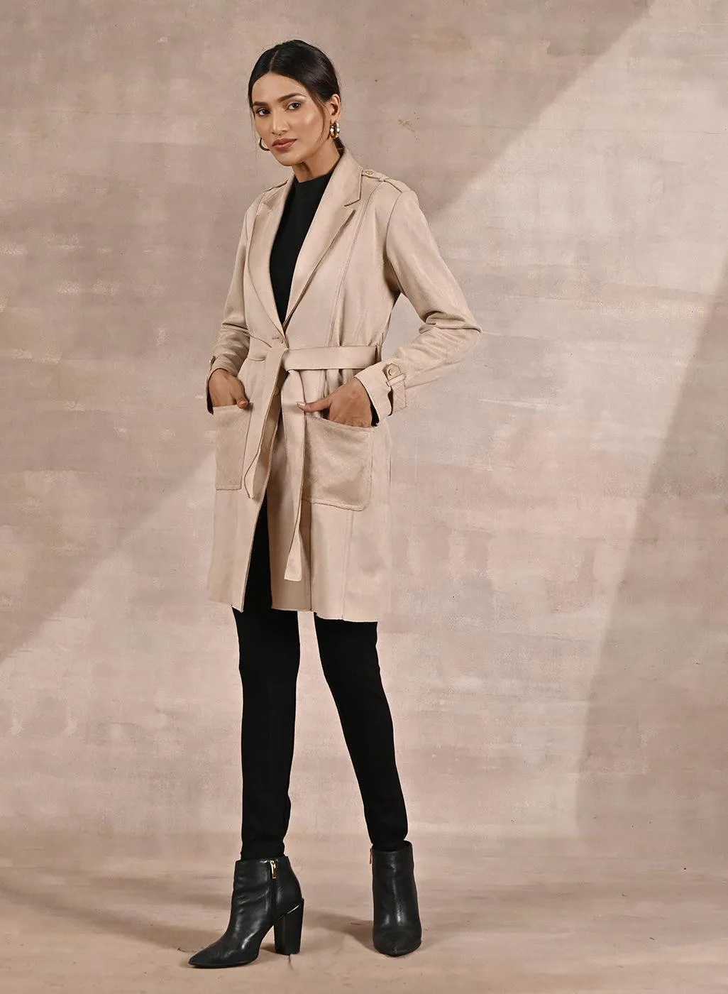Ivory Stylish Suede Coat with Front Pocket & Notched Collar