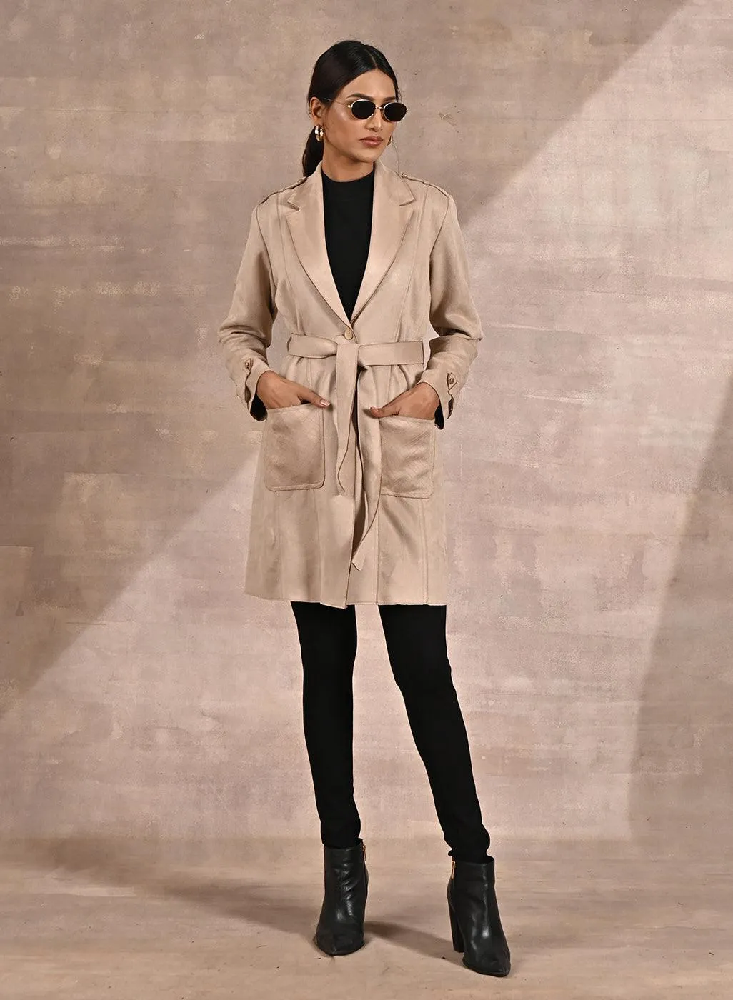 Ivory Stylish Suede Coat with Front Pocket & Notched Collar