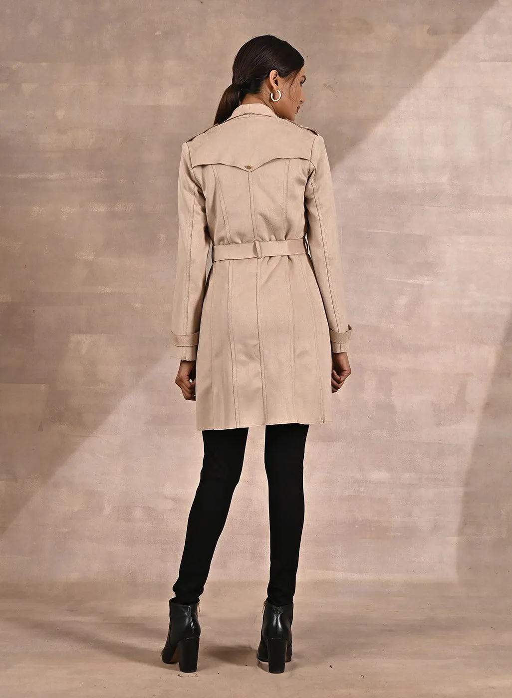 Ivory Stylish Suede Coat with Front Pocket & Notched Collar