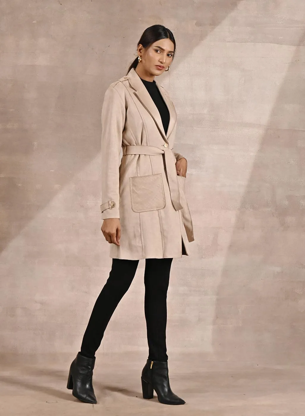 Ivory Stylish Suede Coat with Front Pocket & Notched Collar
