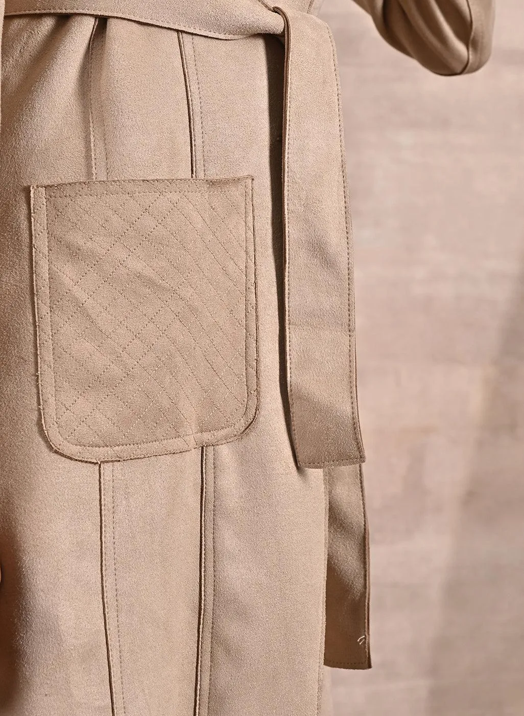 Ivory Stylish Suede Coat with Front Pocket & Notched Collar