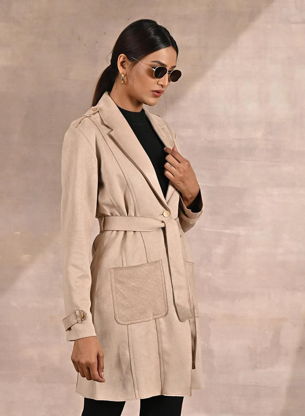 Ivory Stylish Suede Coat with Front Pocket & Notched Collar
