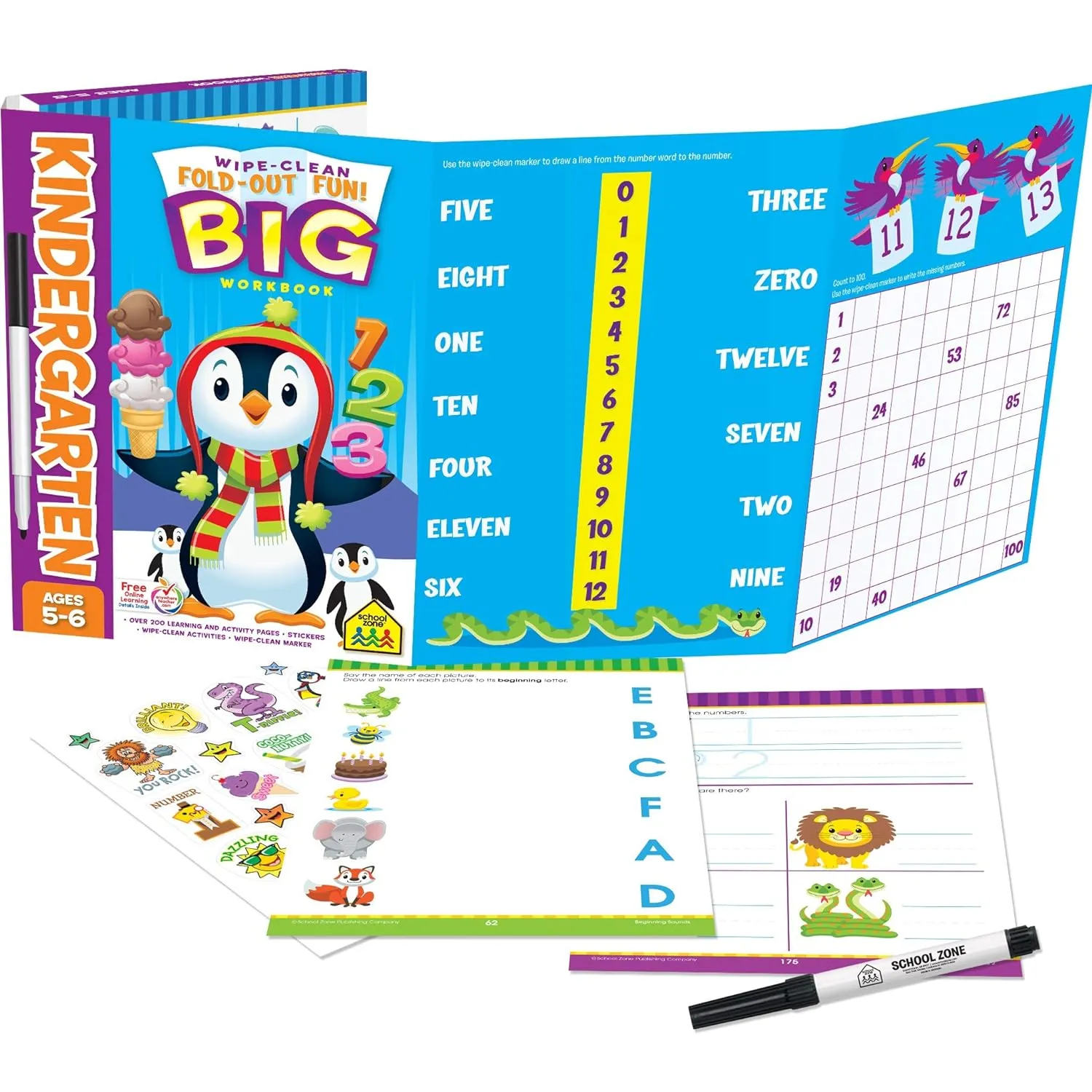 Kindergarten Fold-Out Fun! Write & Reuse Workbook - Ages 5 to 6, Wipe-Clean Activities, Letters & Numbers, Counting, Addition & Subtraction, Early Math, Stickers, and More