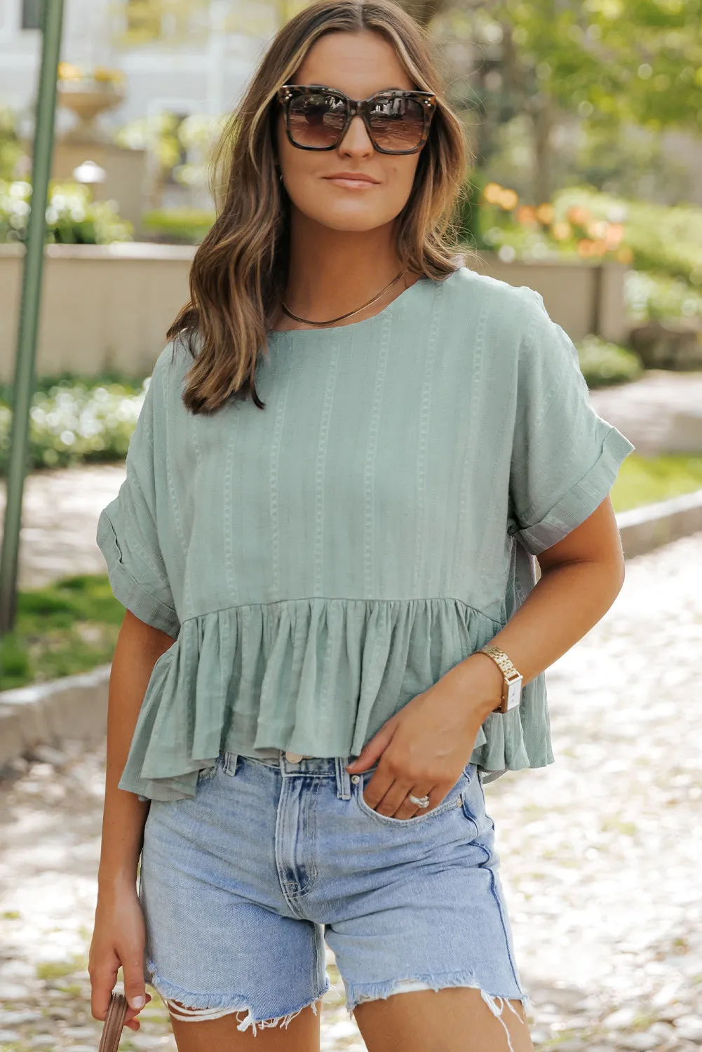 Laurel Green Textured Ruffled Hem Short Sleeve Blouse