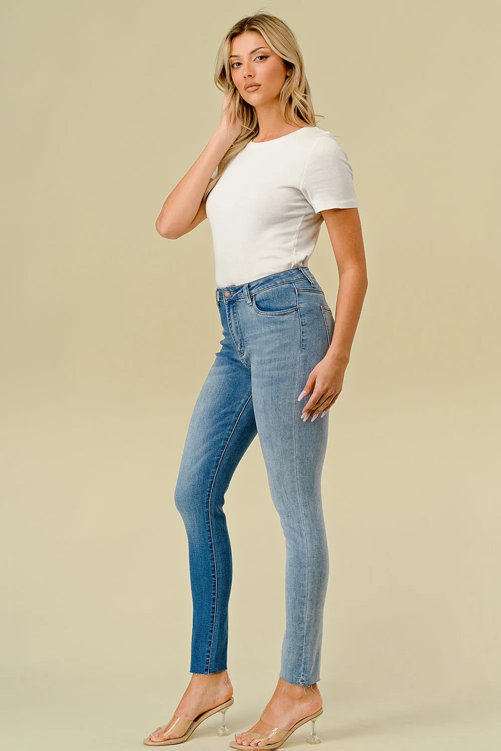 LO-211 HIGH WAISTED STRETCHY SKINNY TWO-TONE JEANS