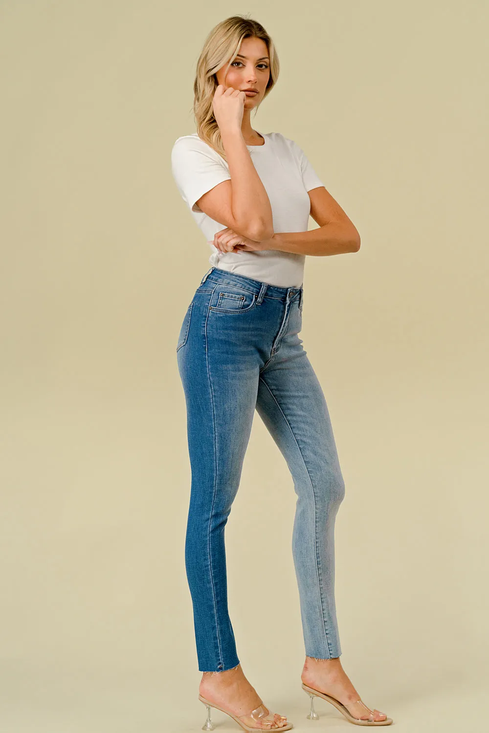 LO-211 HIGH WAISTED STRETCHY SKINNY TWO-TONE JEANS