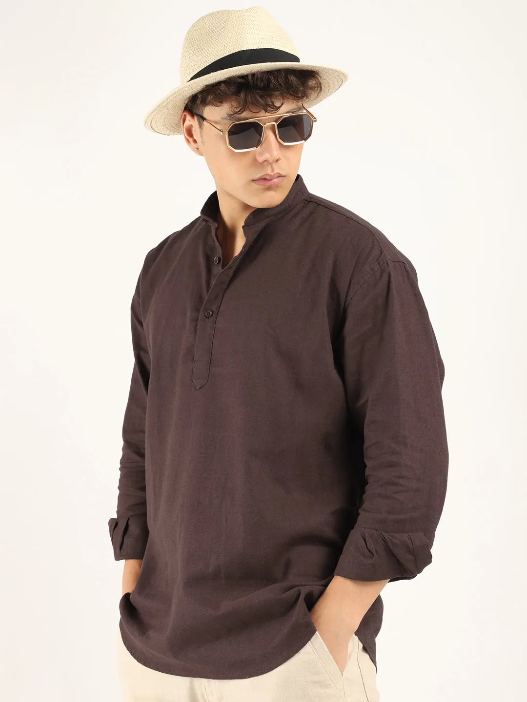 Mandarin Linen Brown Short Kurta