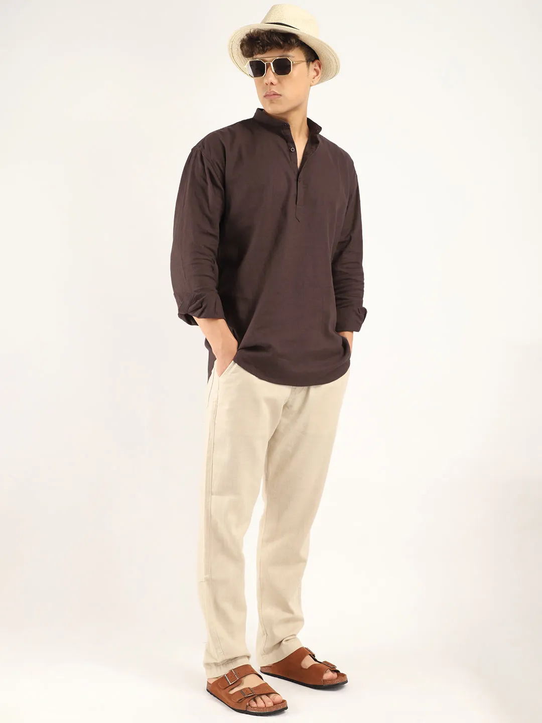 Mandarin Linen Brown Short Kurta