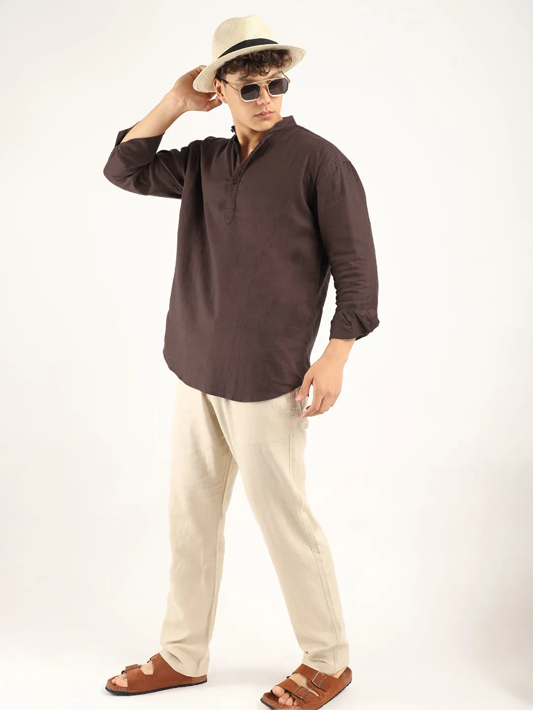Mandarin Linen Brown Short Kurta