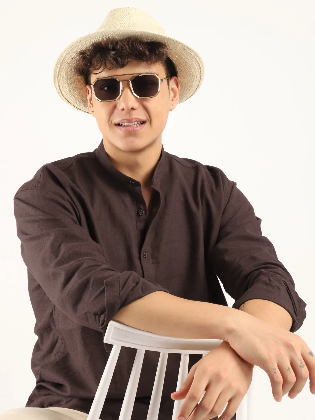 Mandarin Linen Brown Short Kurta