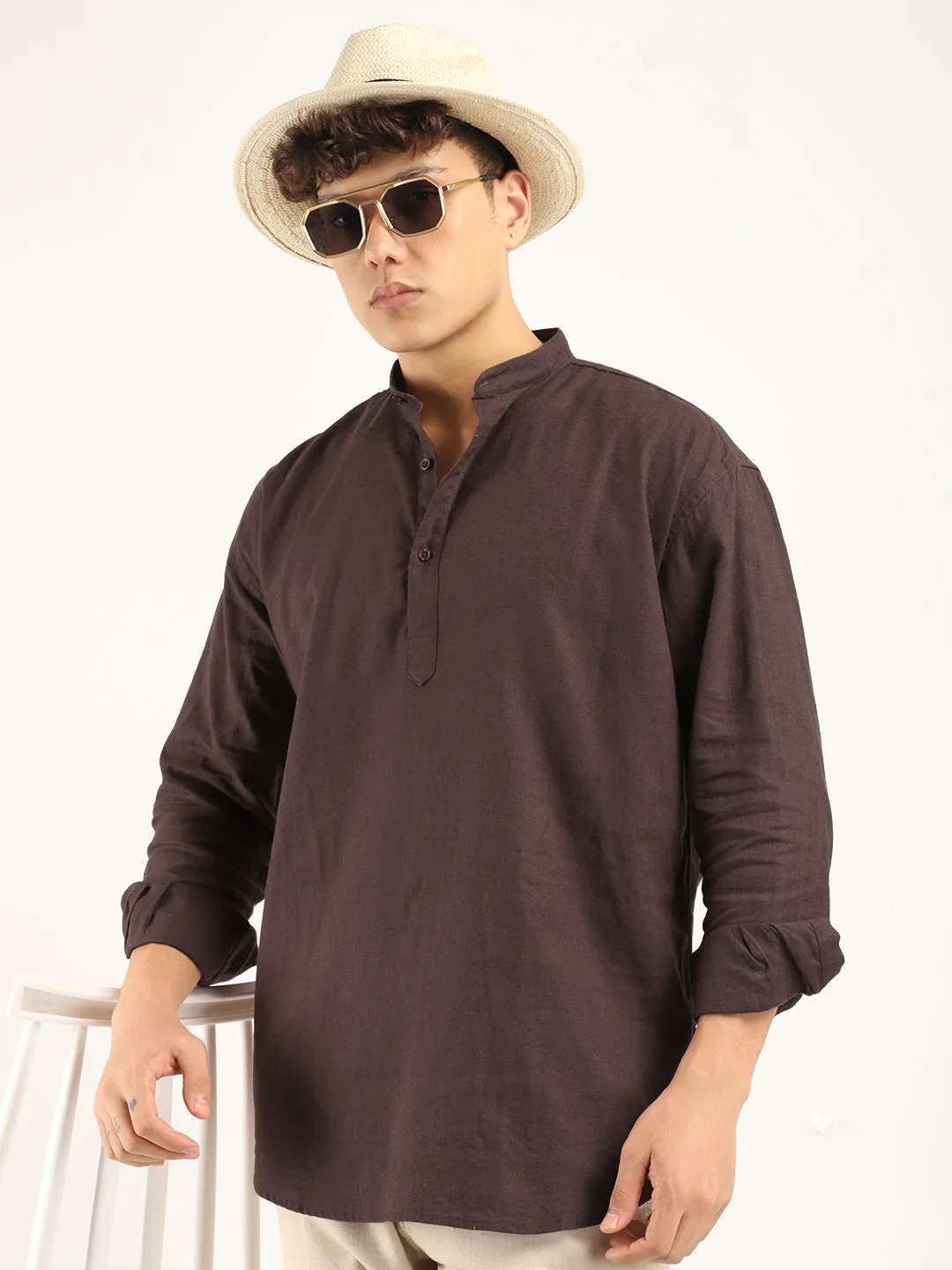 Mandarin Linen Brown Short Kurta