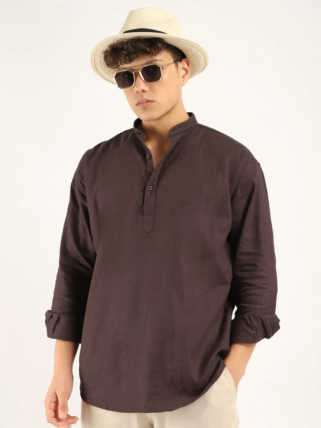 Mandarin Linen Brown Short Kurta