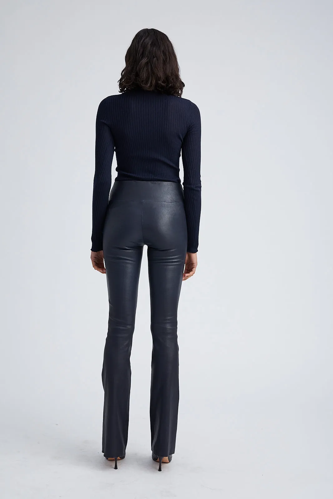 Navy Leather Micro Flare Pants