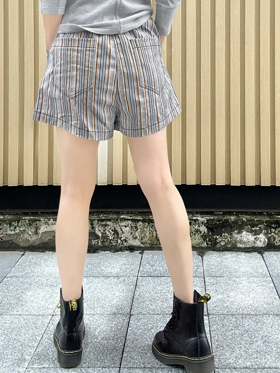 New Colour! Striped Contrast Stitch Patch Pocket A-line Twill Shorts