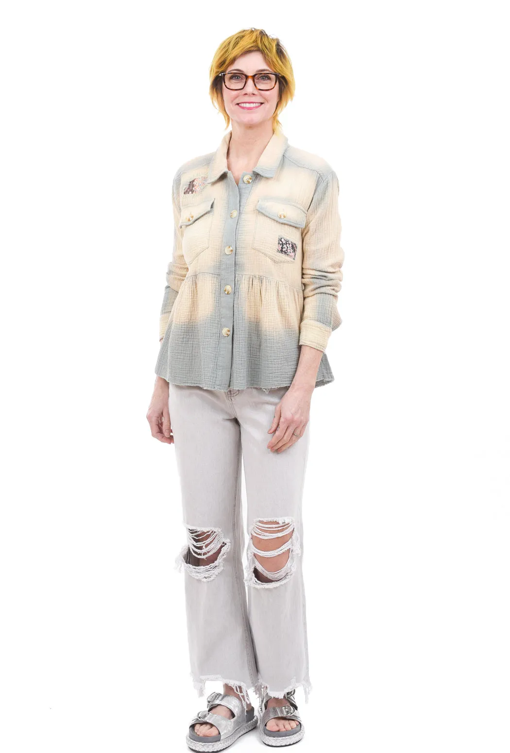 Patched Peplum Shirt Jacket, Teal
