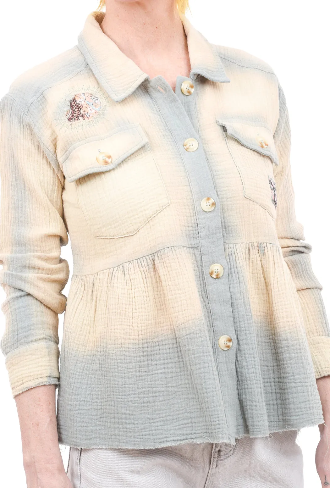 Patched Peplum Shirt Jacket, Teal