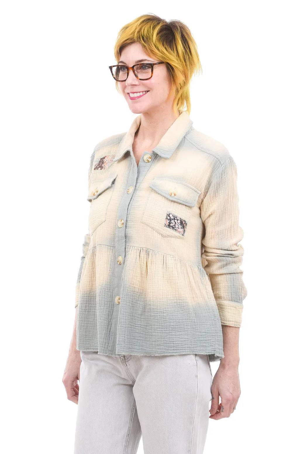 Patched Peplum Shirt Jacket, Teal