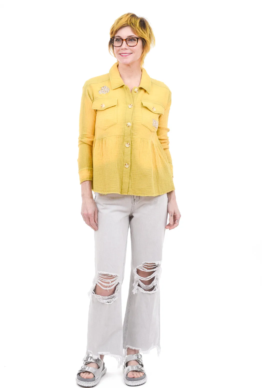 Patched Peplum Shirt Jacket, Yellow/Olive
