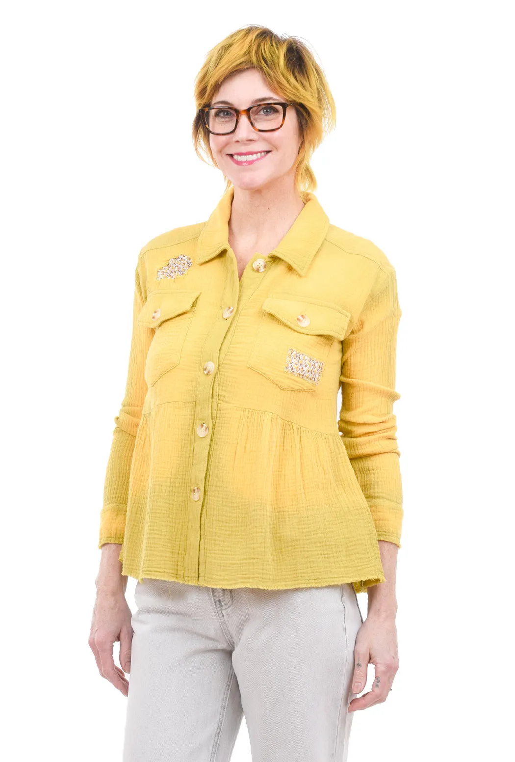 Patched Peplum Shirt Jacket, Yellow/Olive