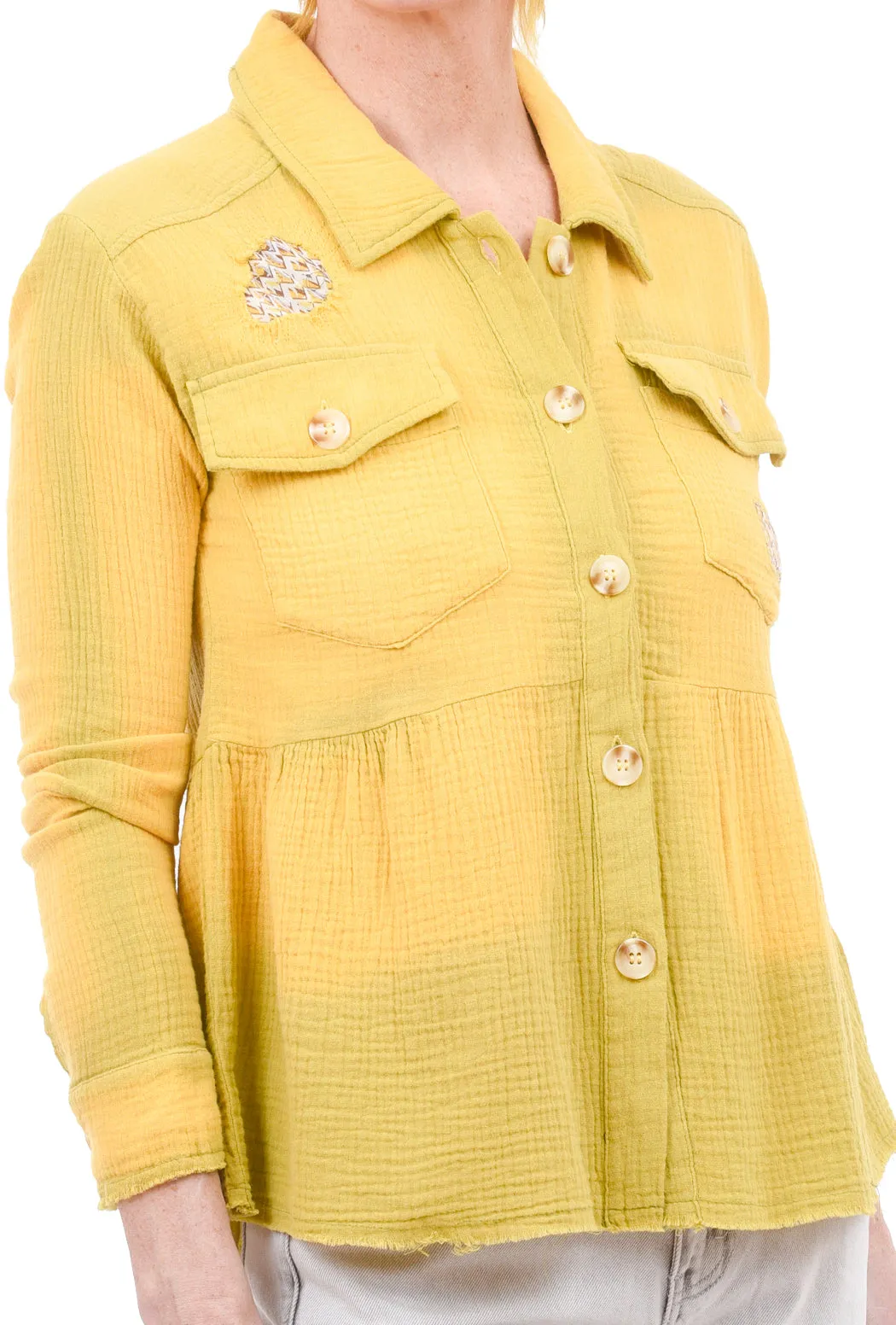 Patched Peplum Shirt Jacket, Yellow/Olive