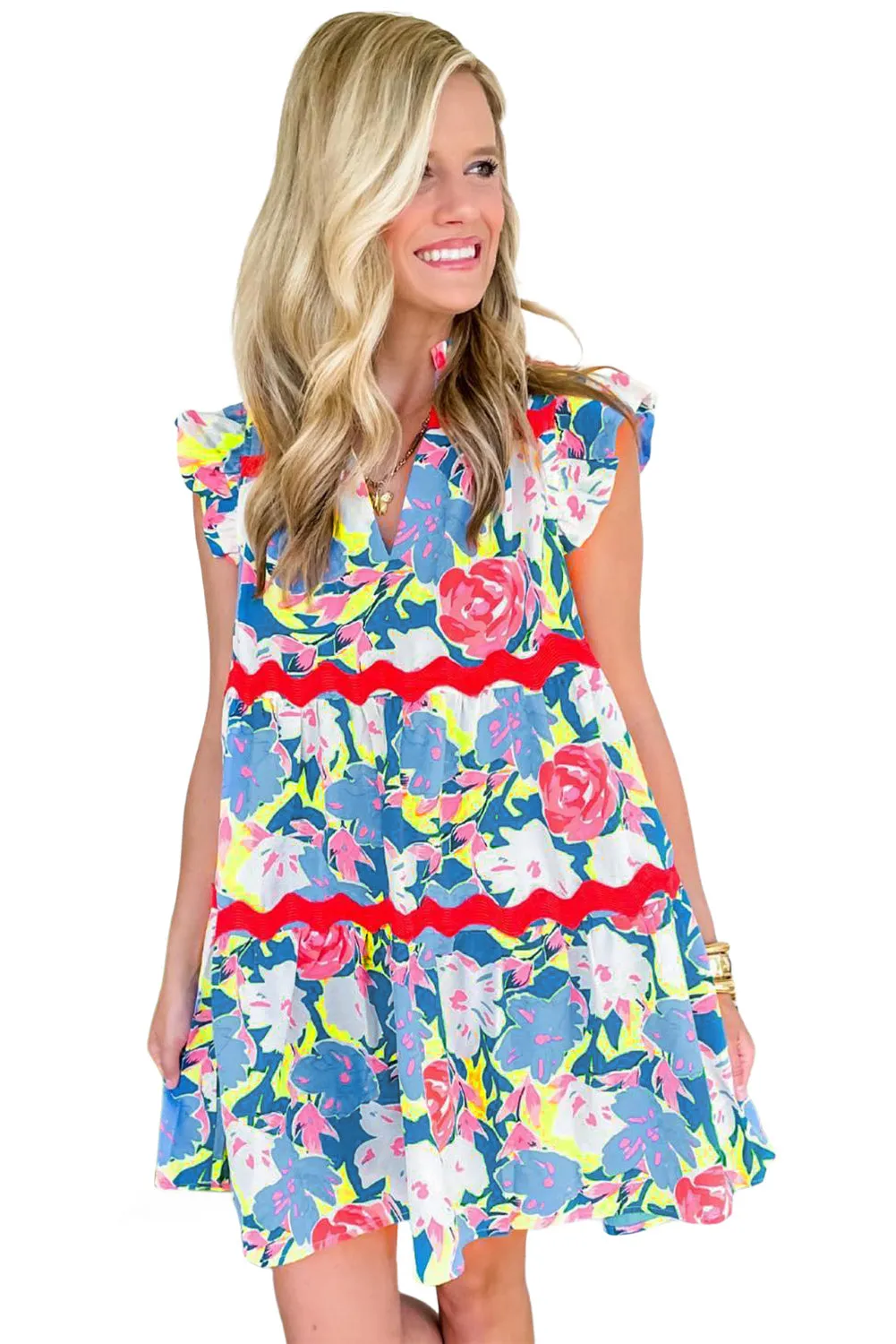 Pink Floral Printed V Notched Ric Rac Flutter Dress