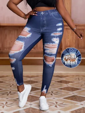 Plus Size Women's Clothing Elasticity Casual Leggings Imitation Denim Printed with Ripped Pattern  Fashion Skinny Pants Big