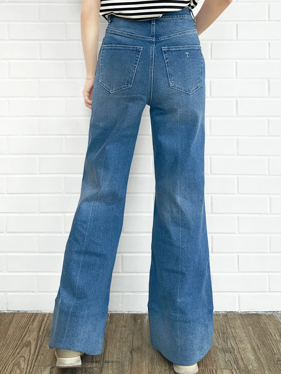 Retro Blue Mid Wash Flared Logo Embroidery Jeans