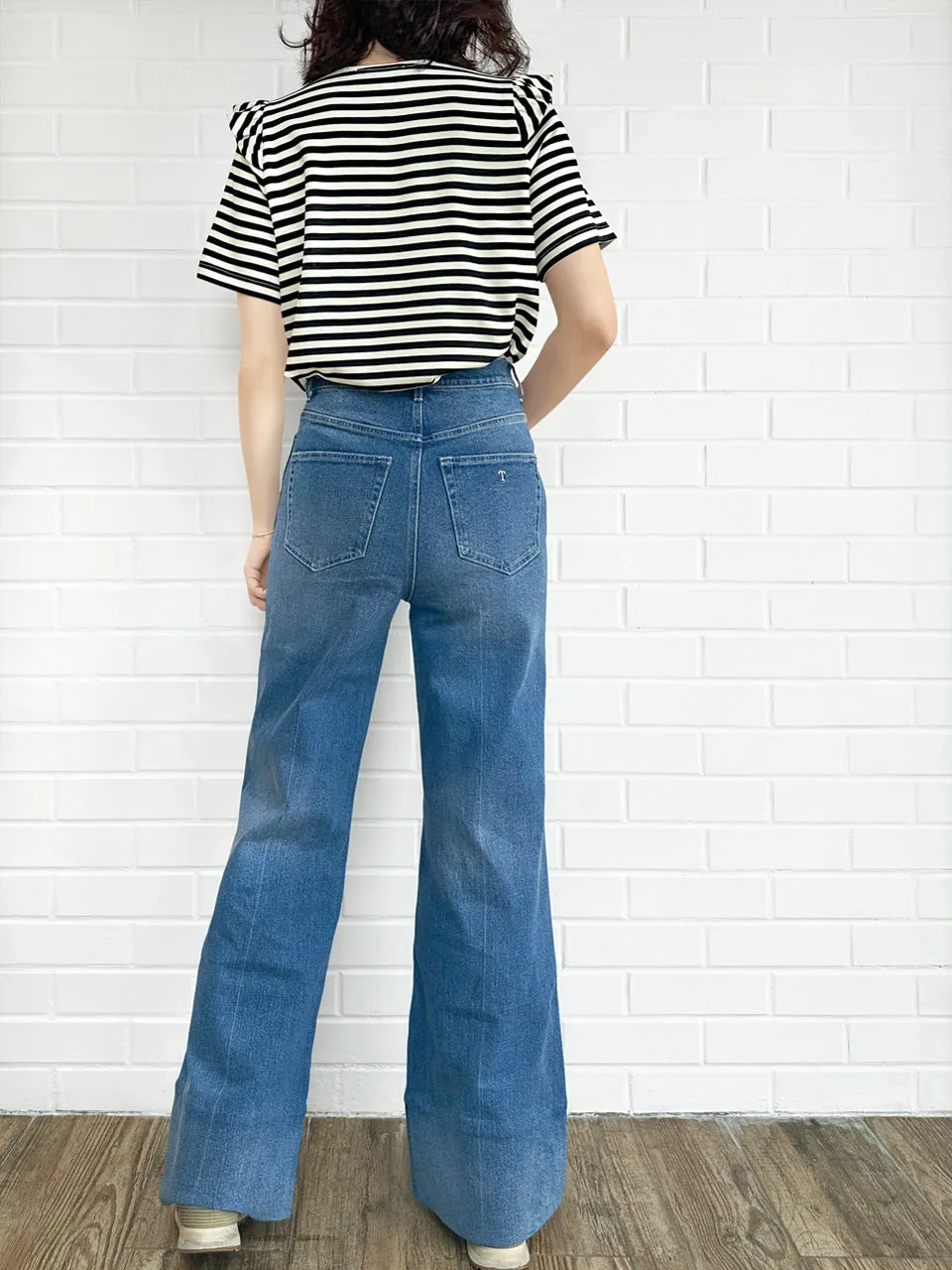 Retro Blue Mid Wash Flared Logo Embroidery Jeans