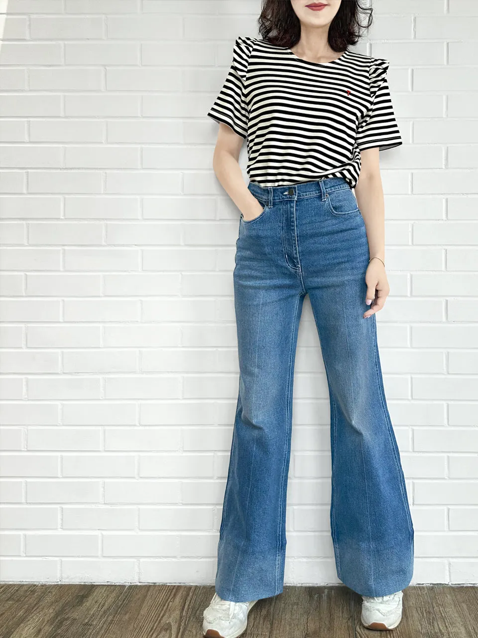 Retro Blue Mid Wash Flared Logo Embroidery Jeans