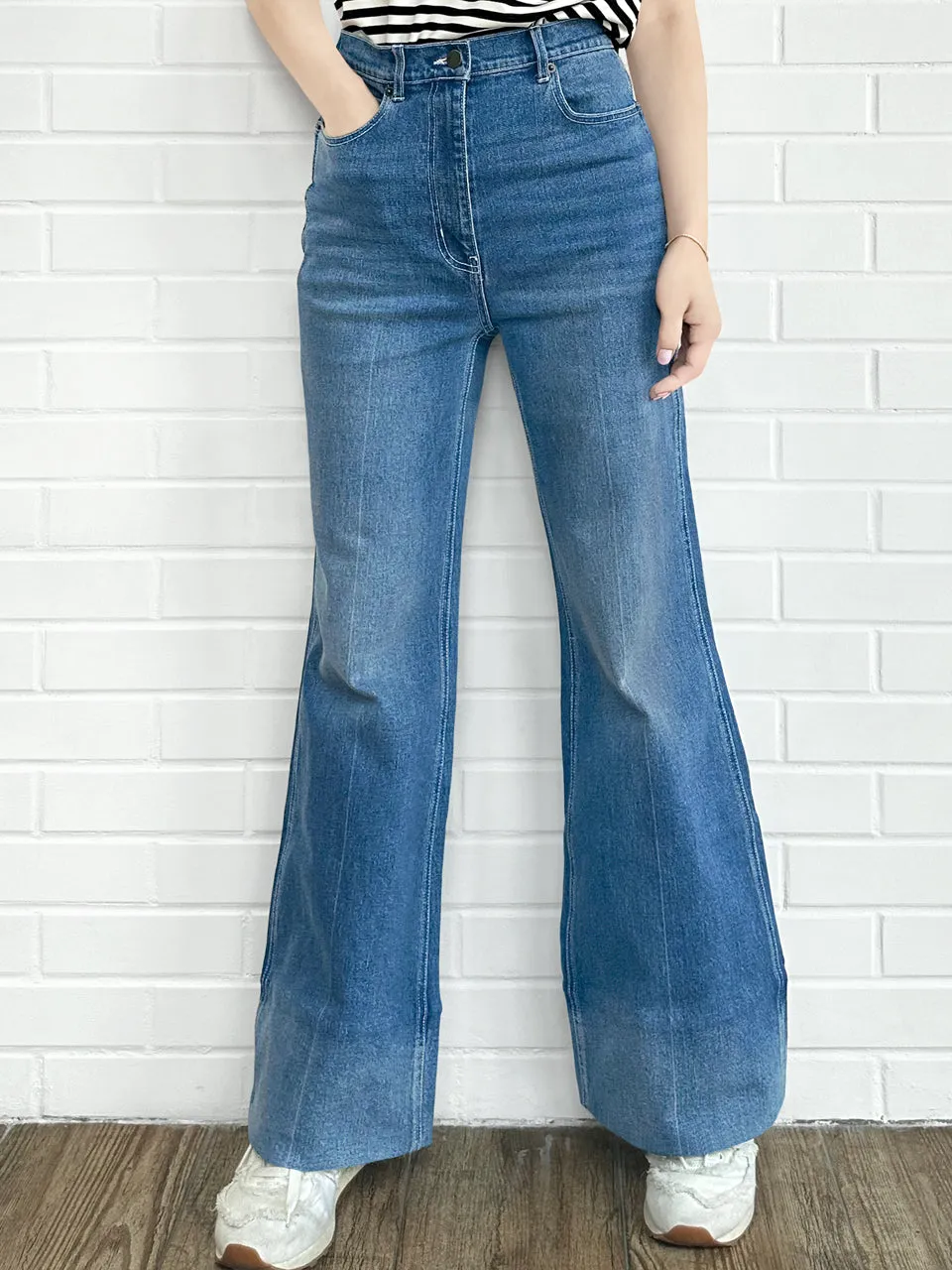 Retro Blue Mid Wash Flared Logo Embroidery Jeans